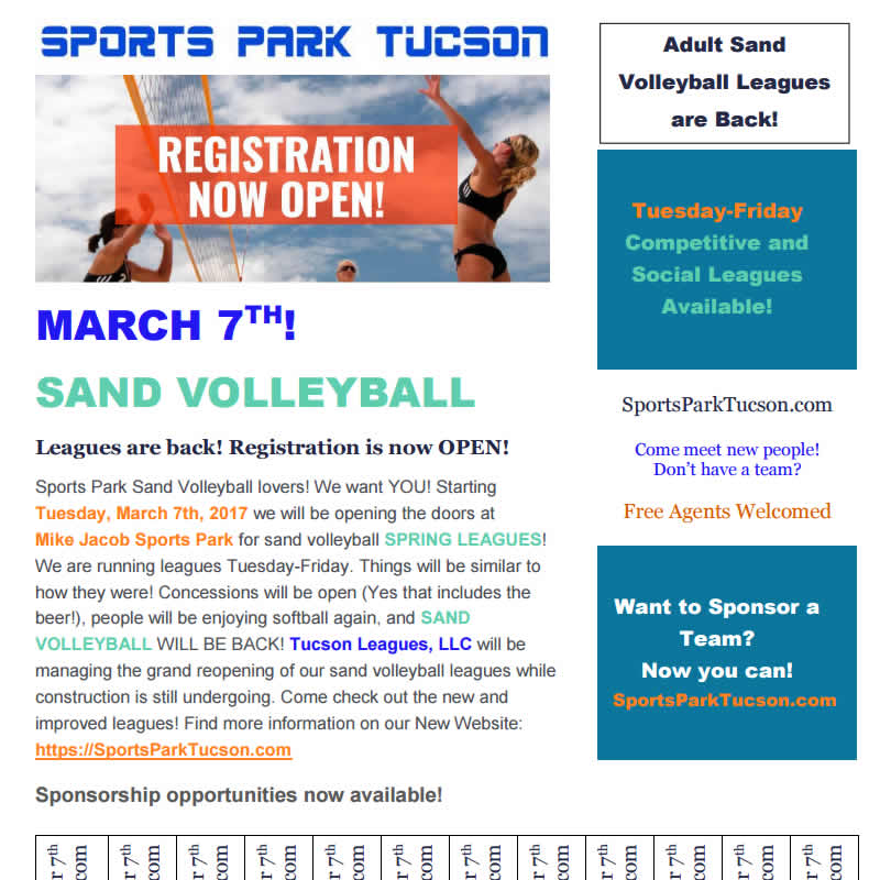 Sand Volleyball Starts Mar 7 Sports Park Flyer Sports Park Tucson